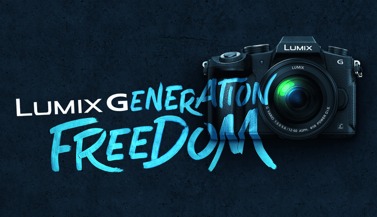 Komposition auf schwarzem Untergrund aus LUMIX G Kamera und Schriftzug Generation Freedom
