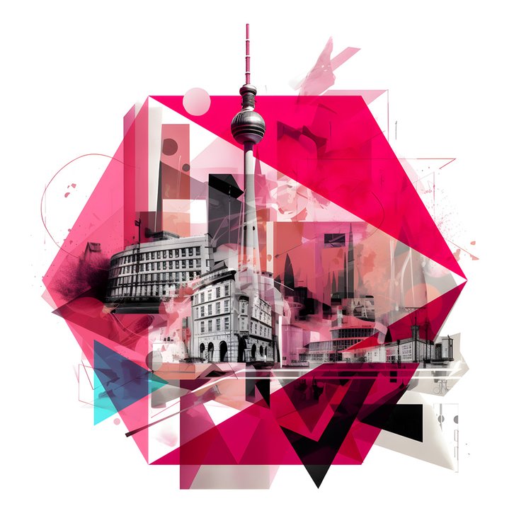 Grafische Collage mit Berliner Gebäuden und Wahrzeichen auf Dreiecksfläche eines Polyeders
