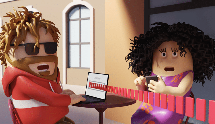 Mann und Frau im Animationsstil, mit Computer, aus dem ein Ladebalken über den Bildschirm hinausschießt