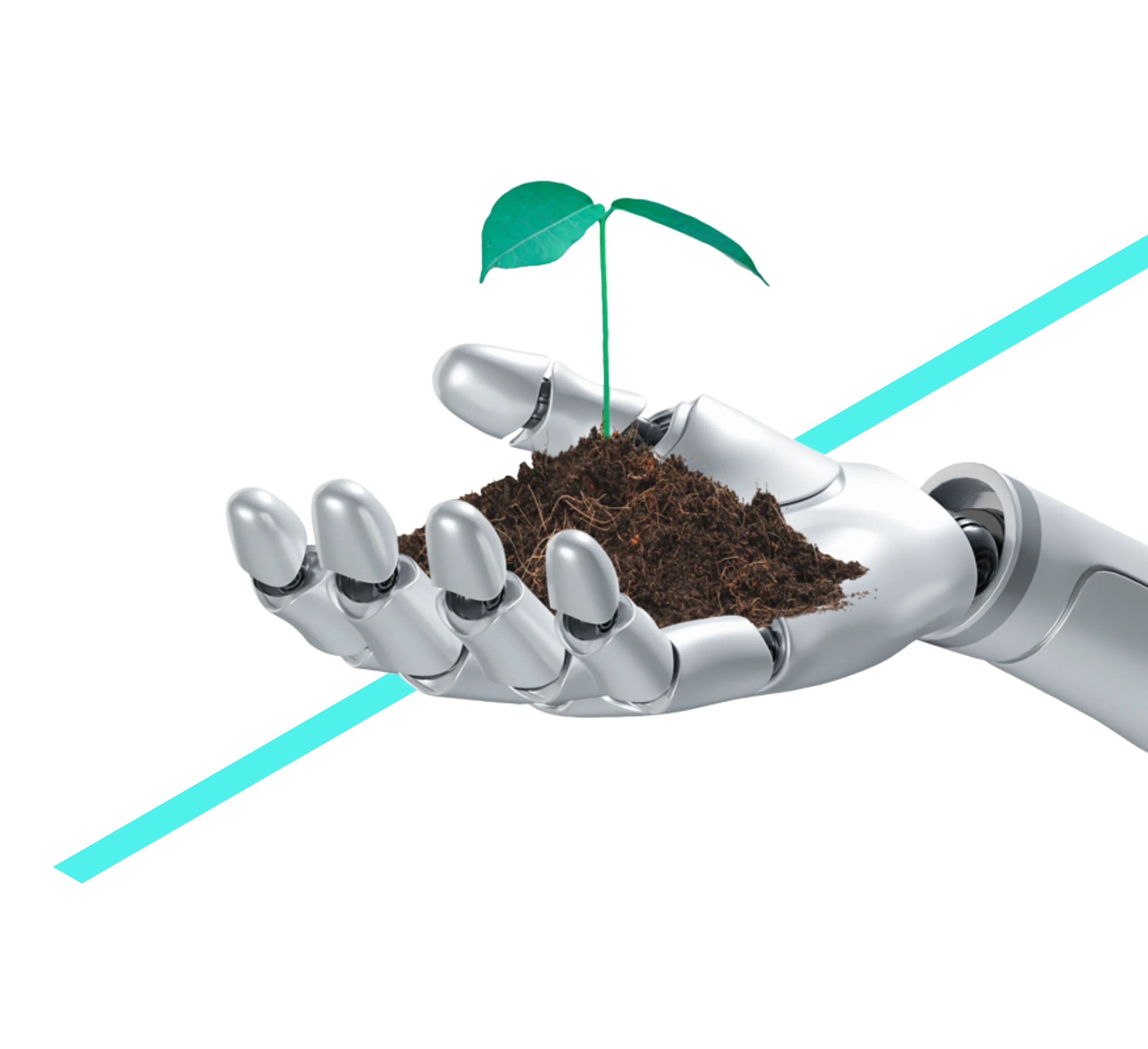 A robot’s hand full of earth and a seedling, in front of a background of graphical stripes