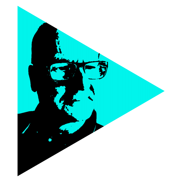 Graphic turquoise triangle with stylised portrait in a negative-photo look